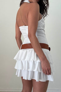 White Tiered Ruffle Hem Belted Mini Dress