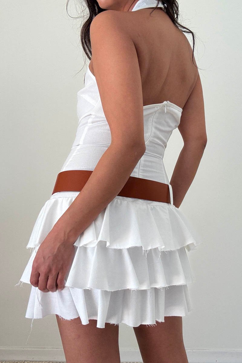 White Tiered Ruffle Hem Belted Mini Dress