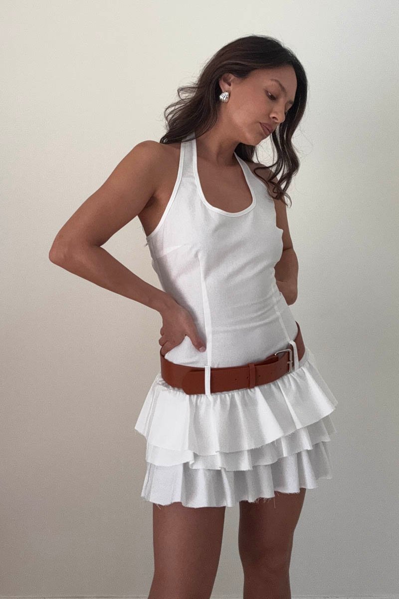 White Tiered Ruffle Hem Belted Mini Dress