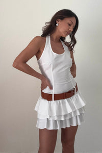White Tiered Ruffle Hem Belted Mini Dress