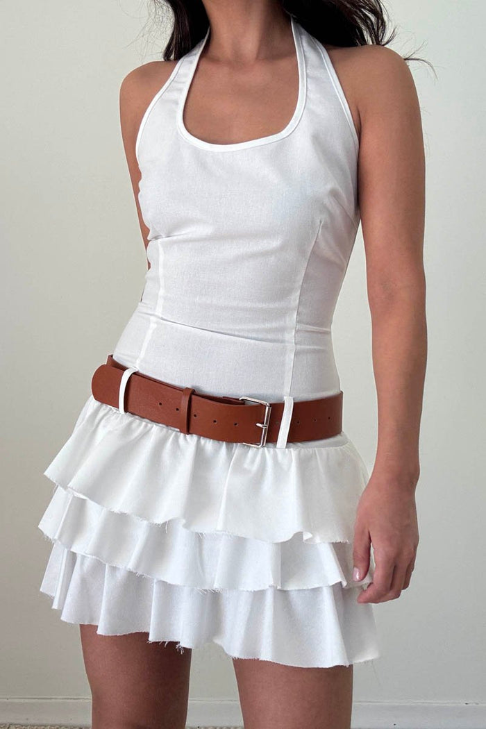 White Tiered Ruffle Hem Belted Mini Dress
