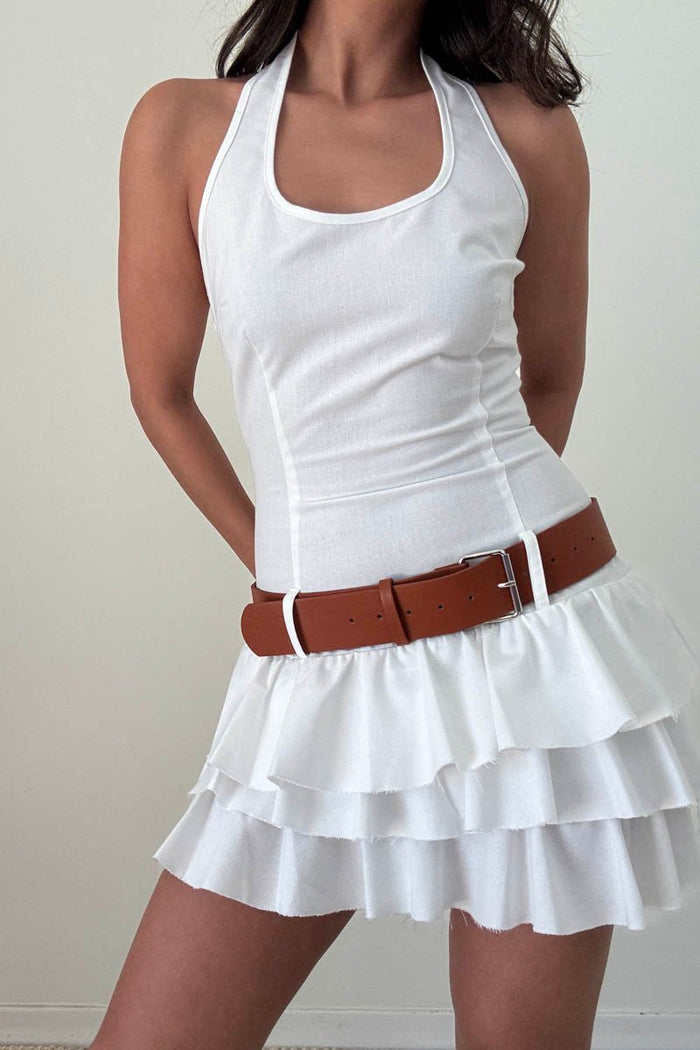White Tiered Ruffle Hem Belted Mini Dress
