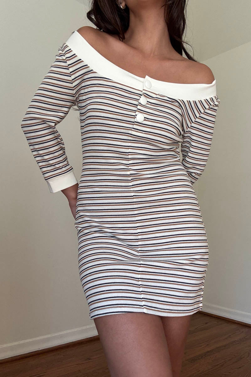 Stripe Knit Boat Neck Mini Dress