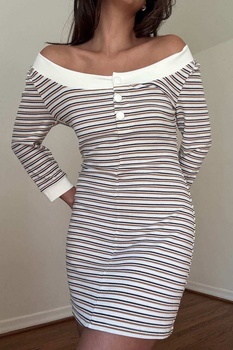 Stripe Knit Boat Neck Mini Dress
