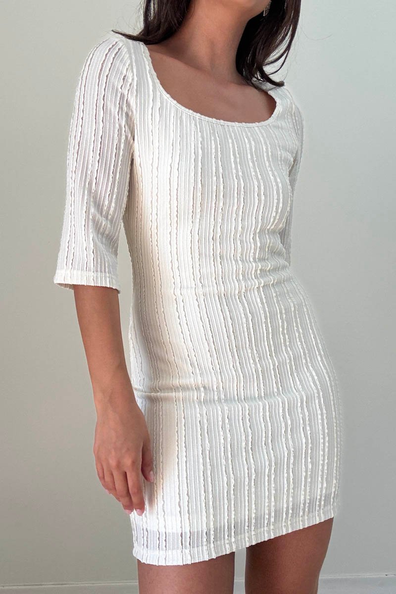 White Lace Square Neck Short Sleeve Mini Dress