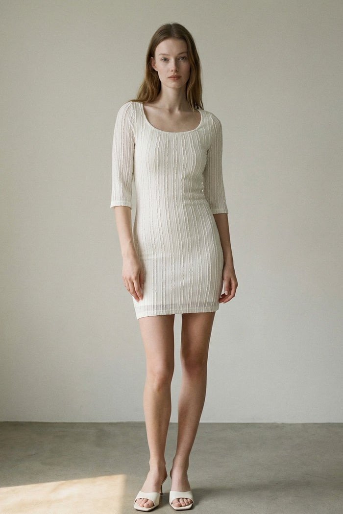 White Lace Square Neck Short Sleeve Mini Dress