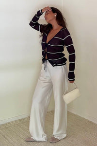 Stripe Tie Front Deep V-Neck Cardigan