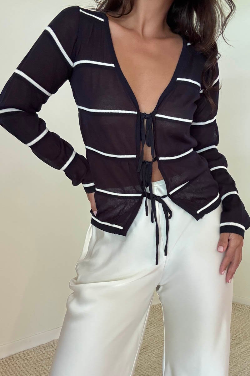 Stripe Tie Front Deep V-Neck Cardigan