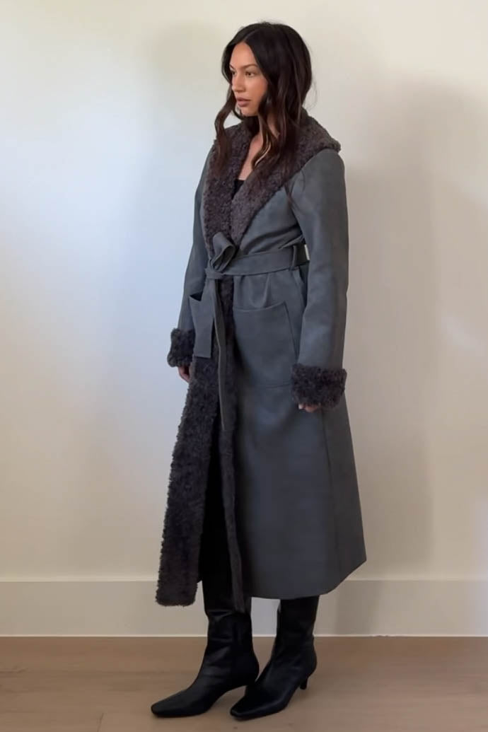 Faux Fur Trim Leather Look Coat