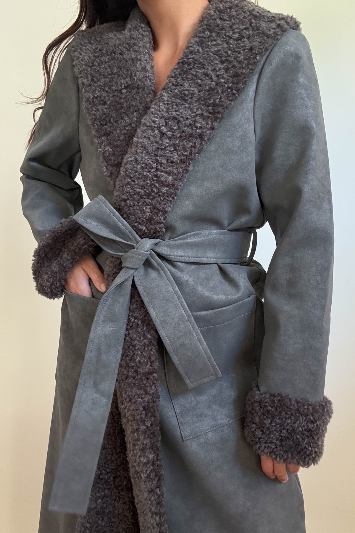 Faux Fur Trim Leather Look Coat