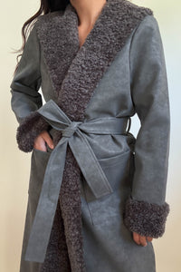 Faux Fur Trim Leather Look Coat