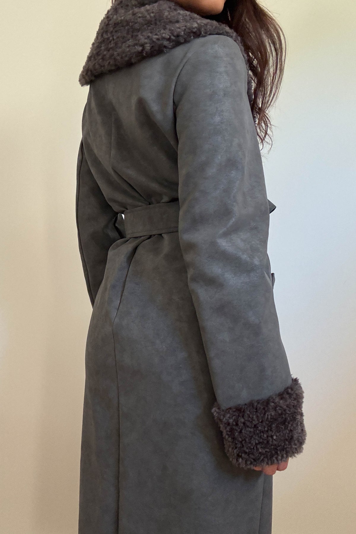 Faux Fur Trim Leather Look Coat