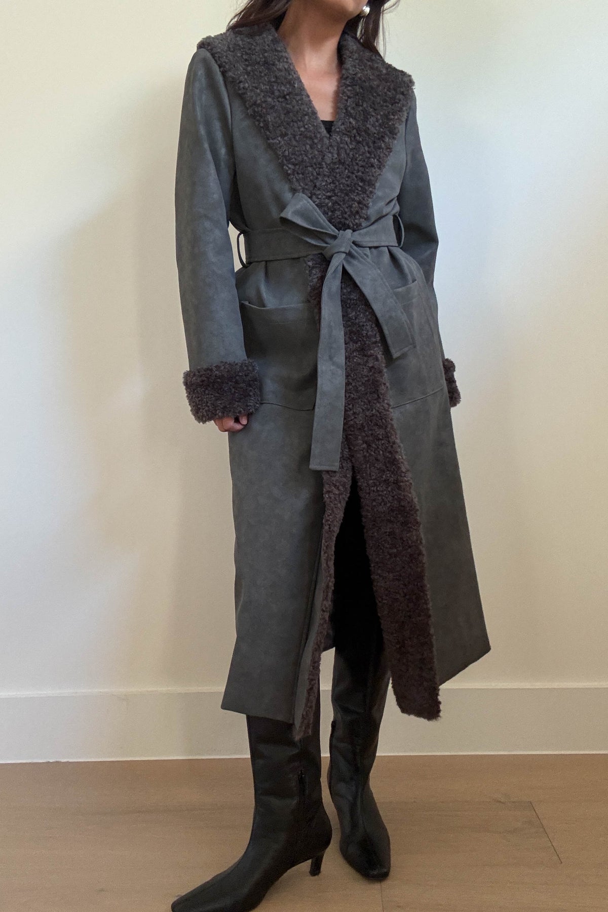Faux Fur Trim Leather Look Coat