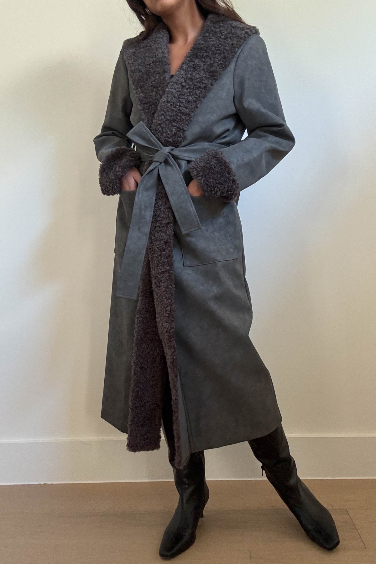 Faux Fur Trim Leather Look Coat