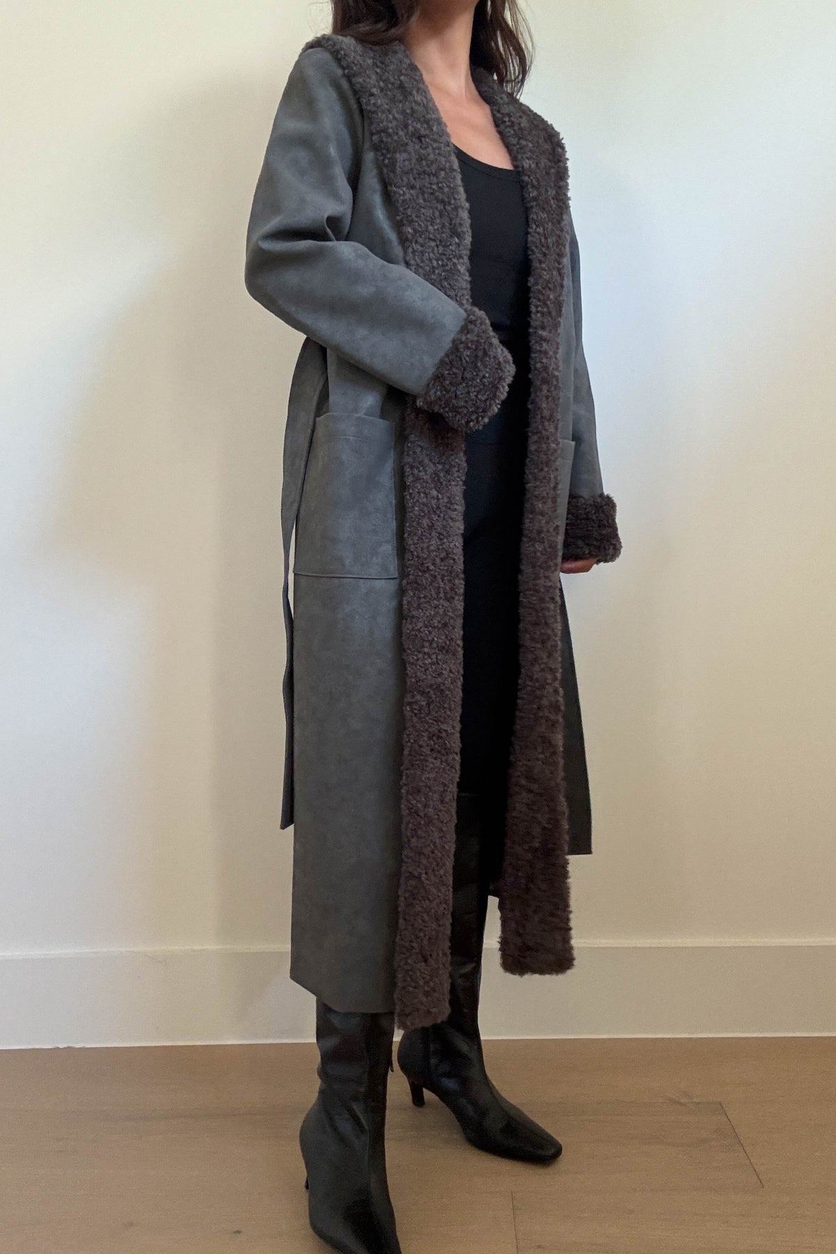 Faux Fur Trim Leather Look Coat