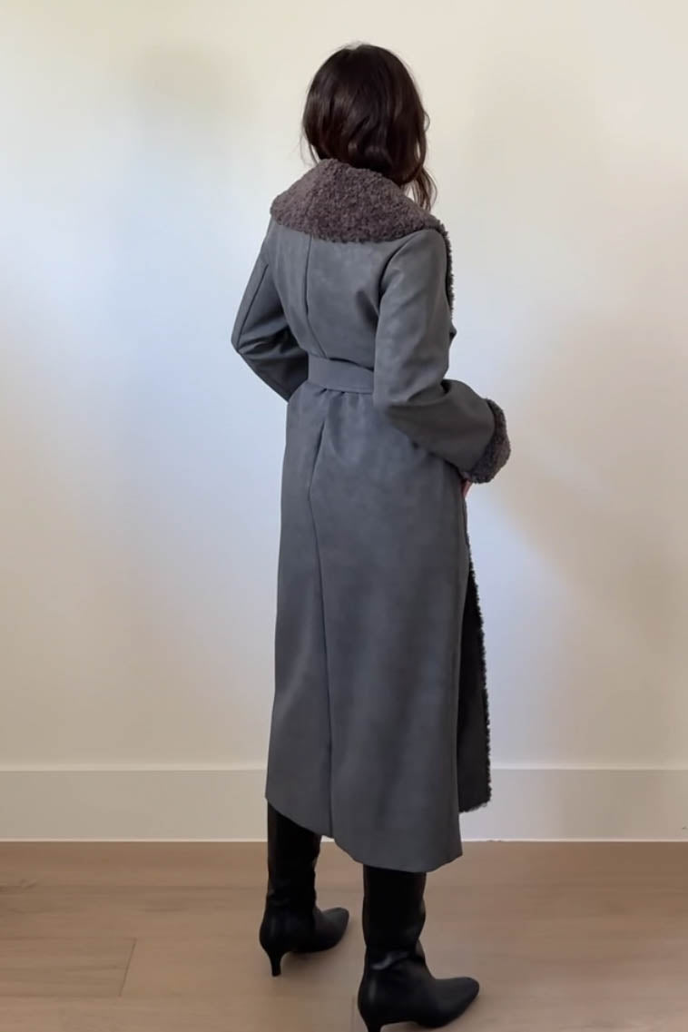 Faux Fur Trim Leather Look Coat