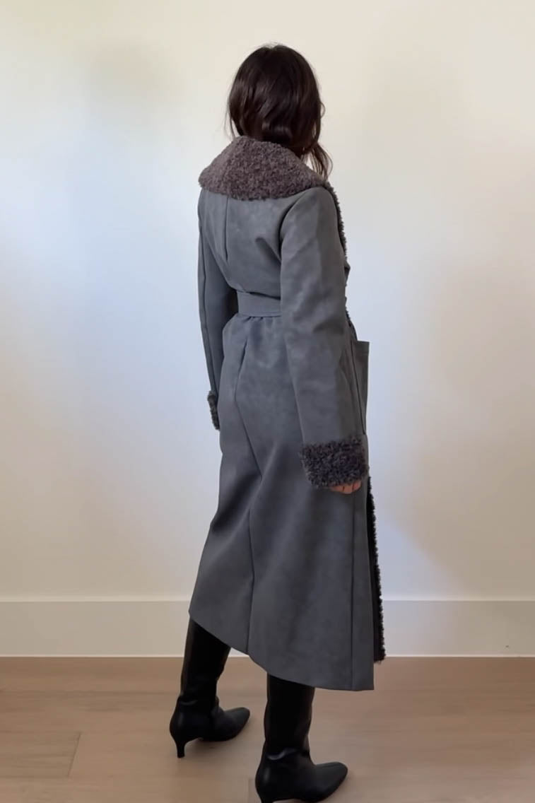 Faux Fur Trim Leather Look Coat