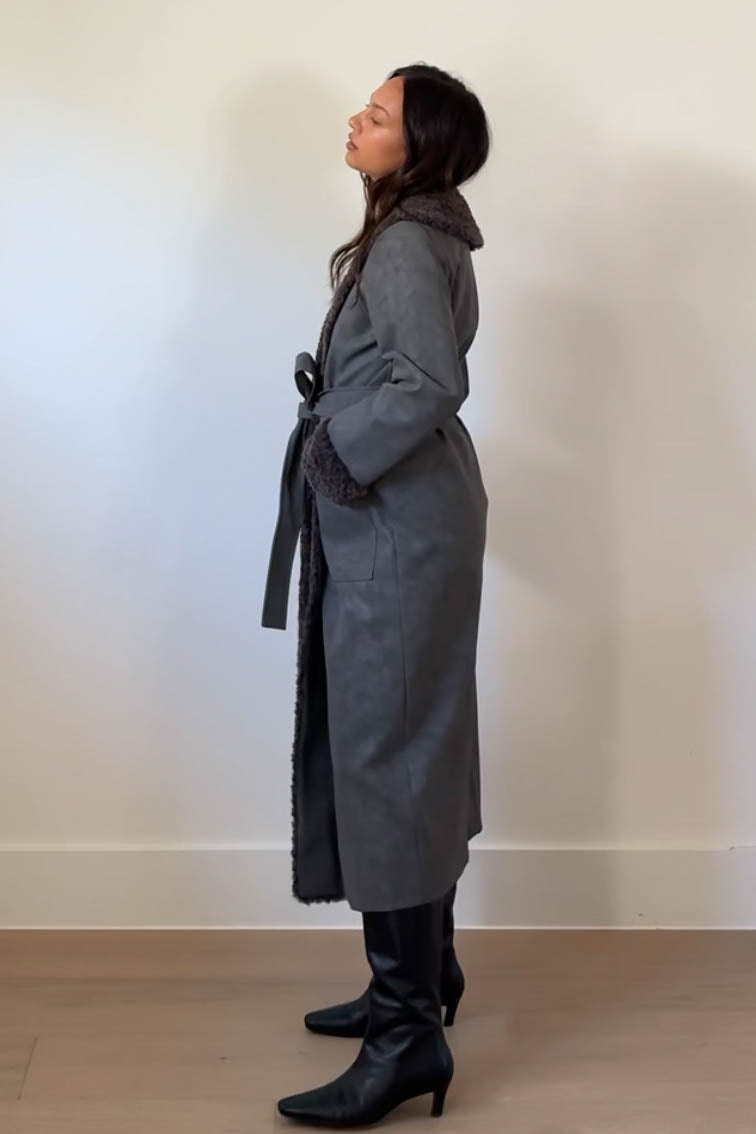 Faux Fur Trim Leather Look Coat