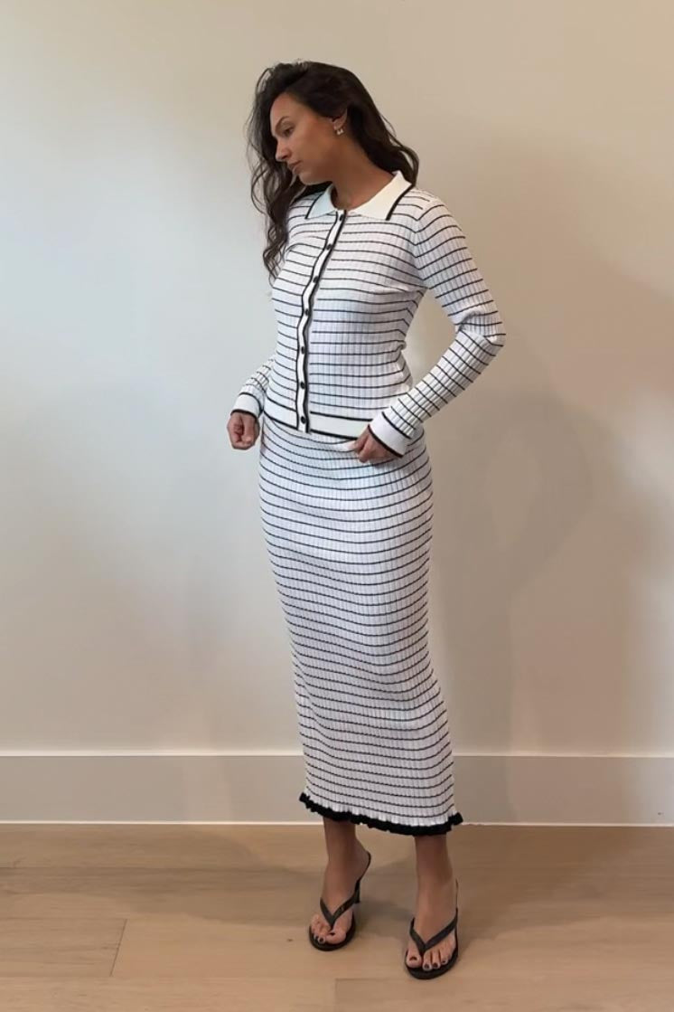 Striped Knit Cardigan Maxi Skirt Set