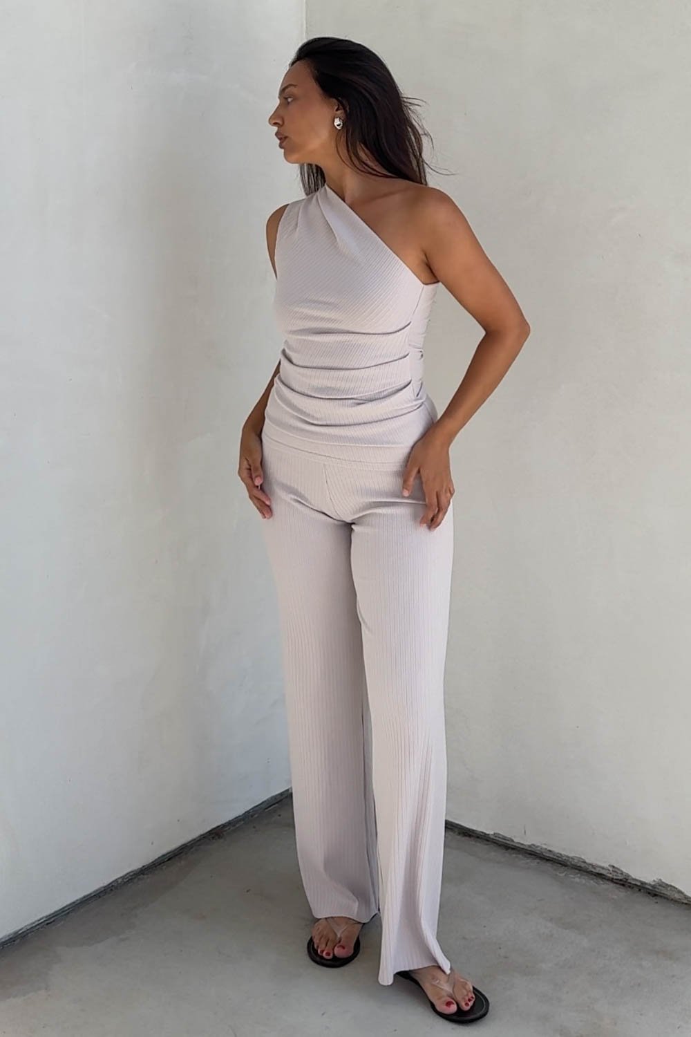 Asymmetric Ribbed Top W/Wide Leg Pants