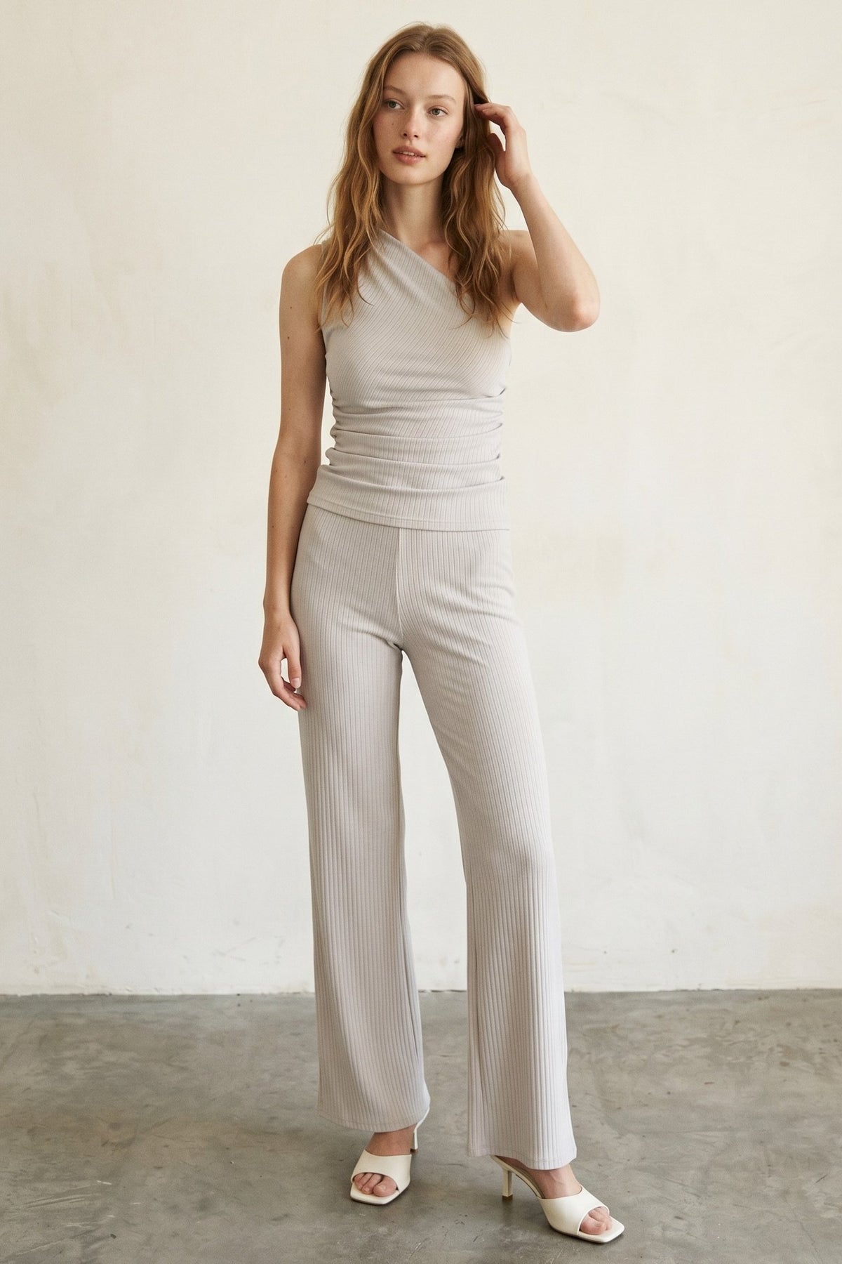Asymmetric Ribbed Top W/Wide Leg Pants