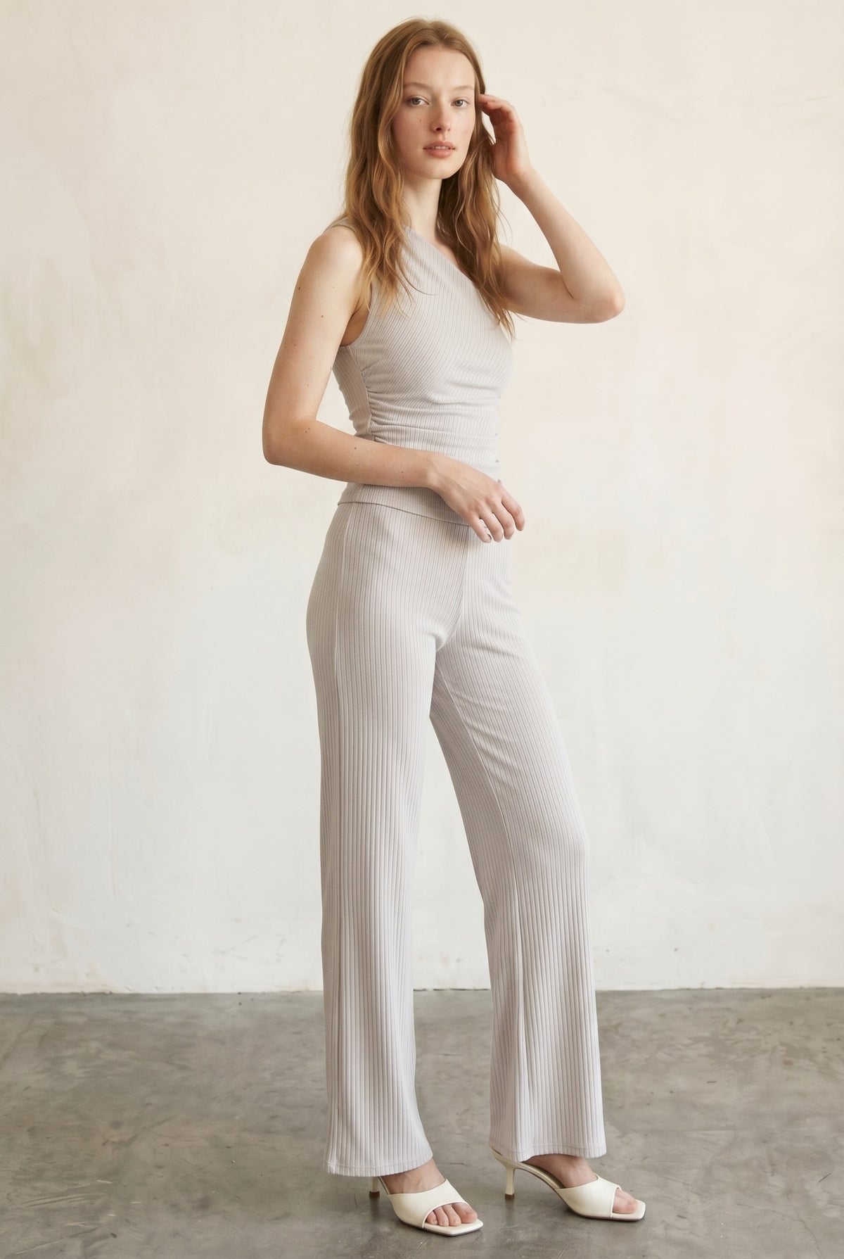 Asymmetric Ribbed Top W/Wide Leg Pants