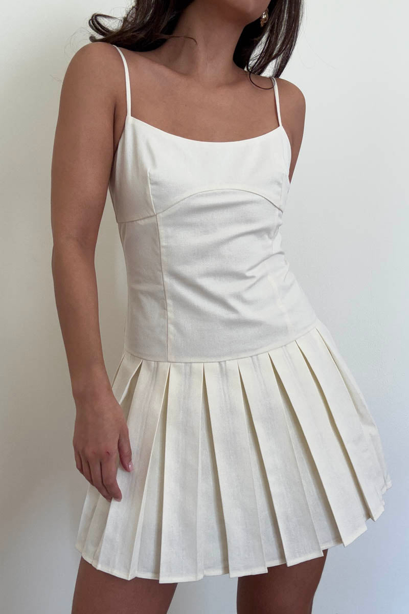 Linen Scoop Neck Pleated Mini Dress