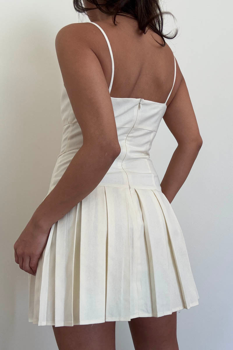 Linen Scoop Neck Pleated Mini Dress