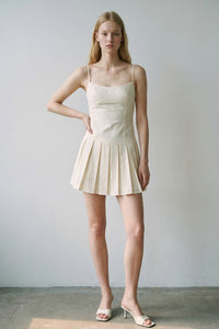 Linen Scoop Neck Pleated Mini Dress