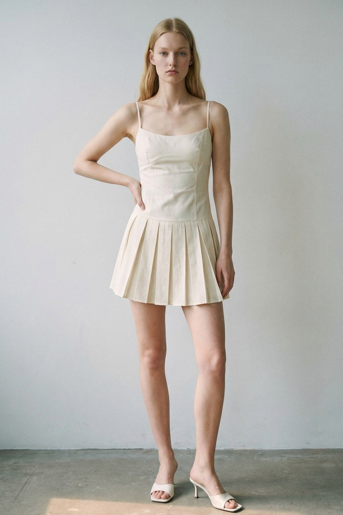 Linen Scoop Neck Pleated Mini Dress