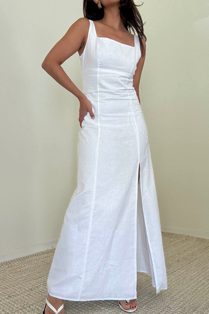Linen Cotton Sleeveless Midi Slit Dress