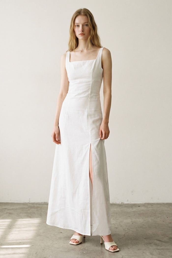 Linen Cotton Sleeveless Midi Slit Dress