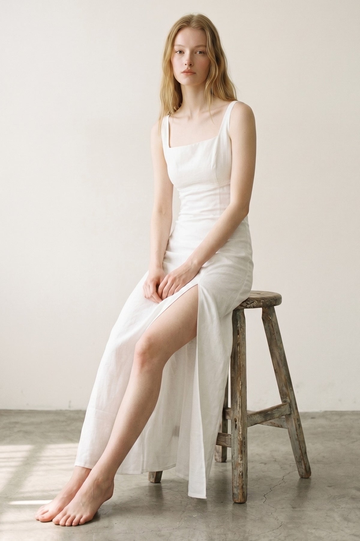 Linen Cotton Sleeveless Midi Slit Dress