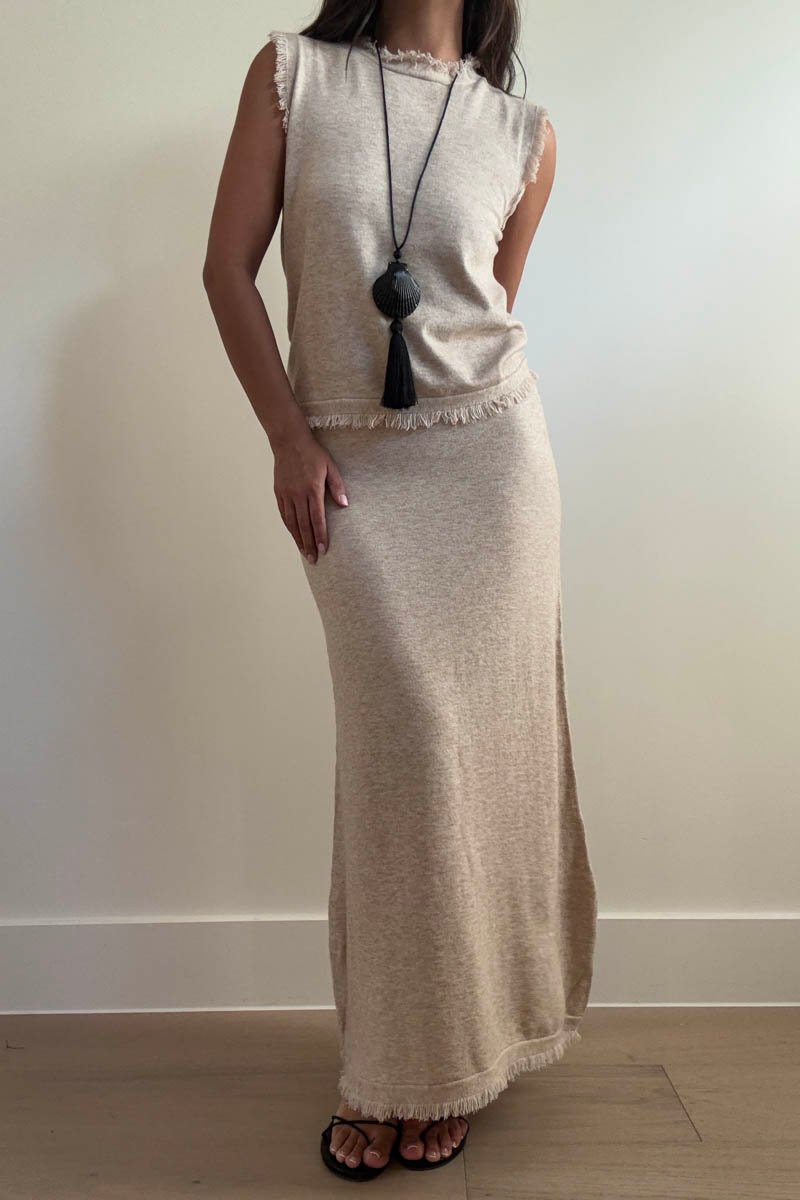 Knit Frayed Detail Top Maxi Skirt Set