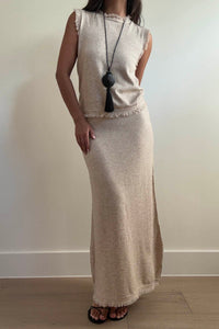 Knit Frayed Detail Top Maxi Skirt Set