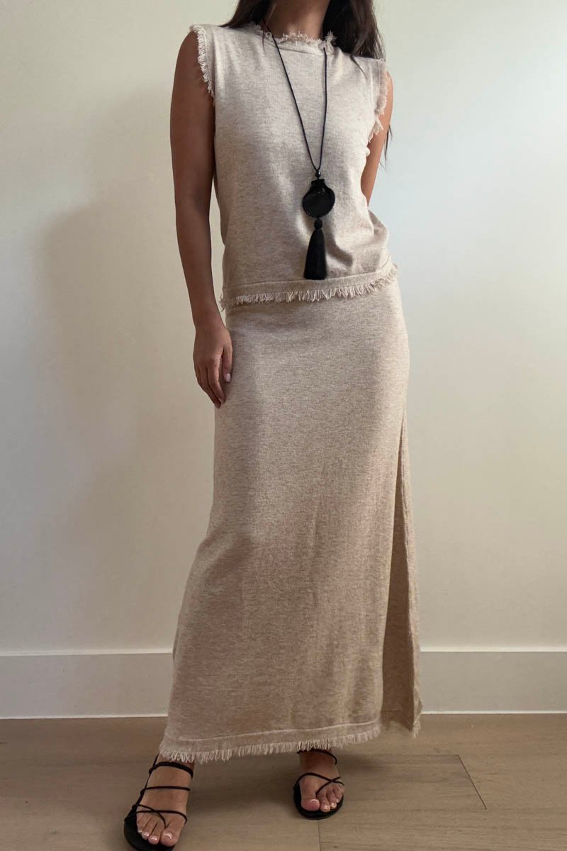 Knit Frayed Detail Top Maxi Skirt Set
