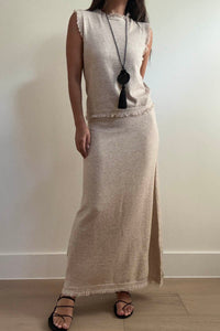 Knit Frayed Detail Top Maxi Skirt Set