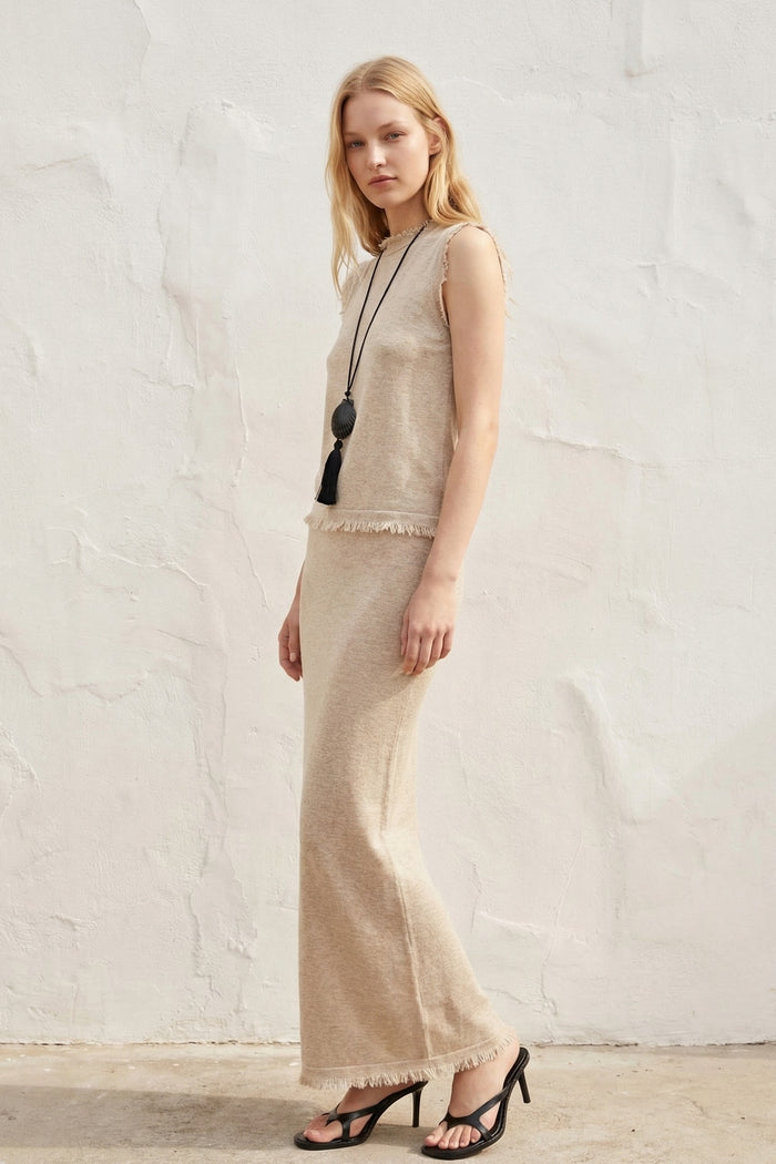 Knit Frayed Detail Top Maxi Skirt Set
