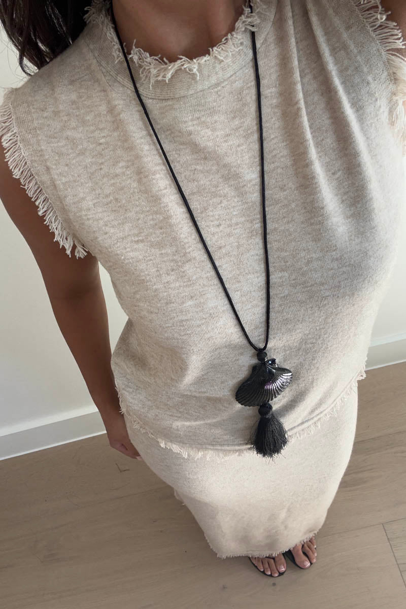 Knit Frayed Detail Top Maxi Skirt Set