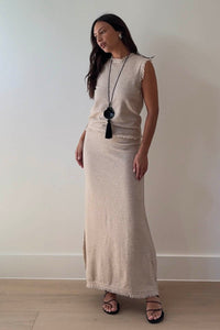 Knit Frayed Detail Top Maxi Skirt Set