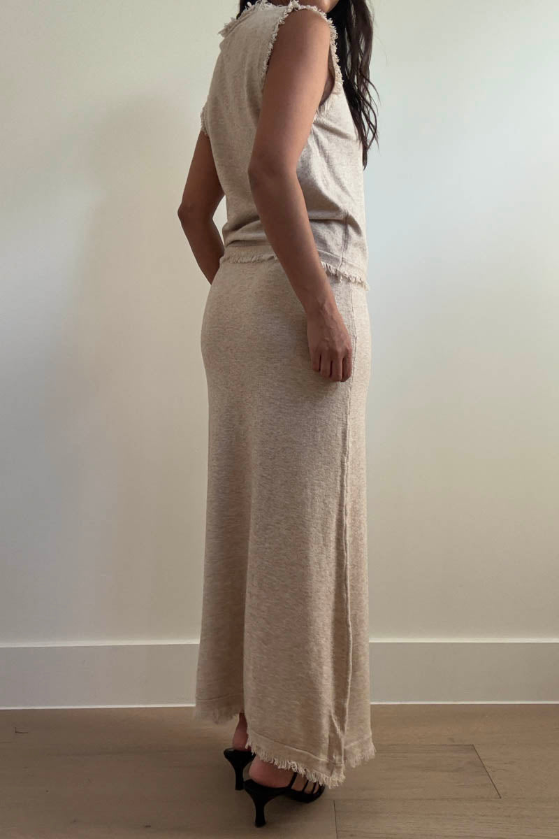 Knit Frayed Detail Top Maxi Skirt Set