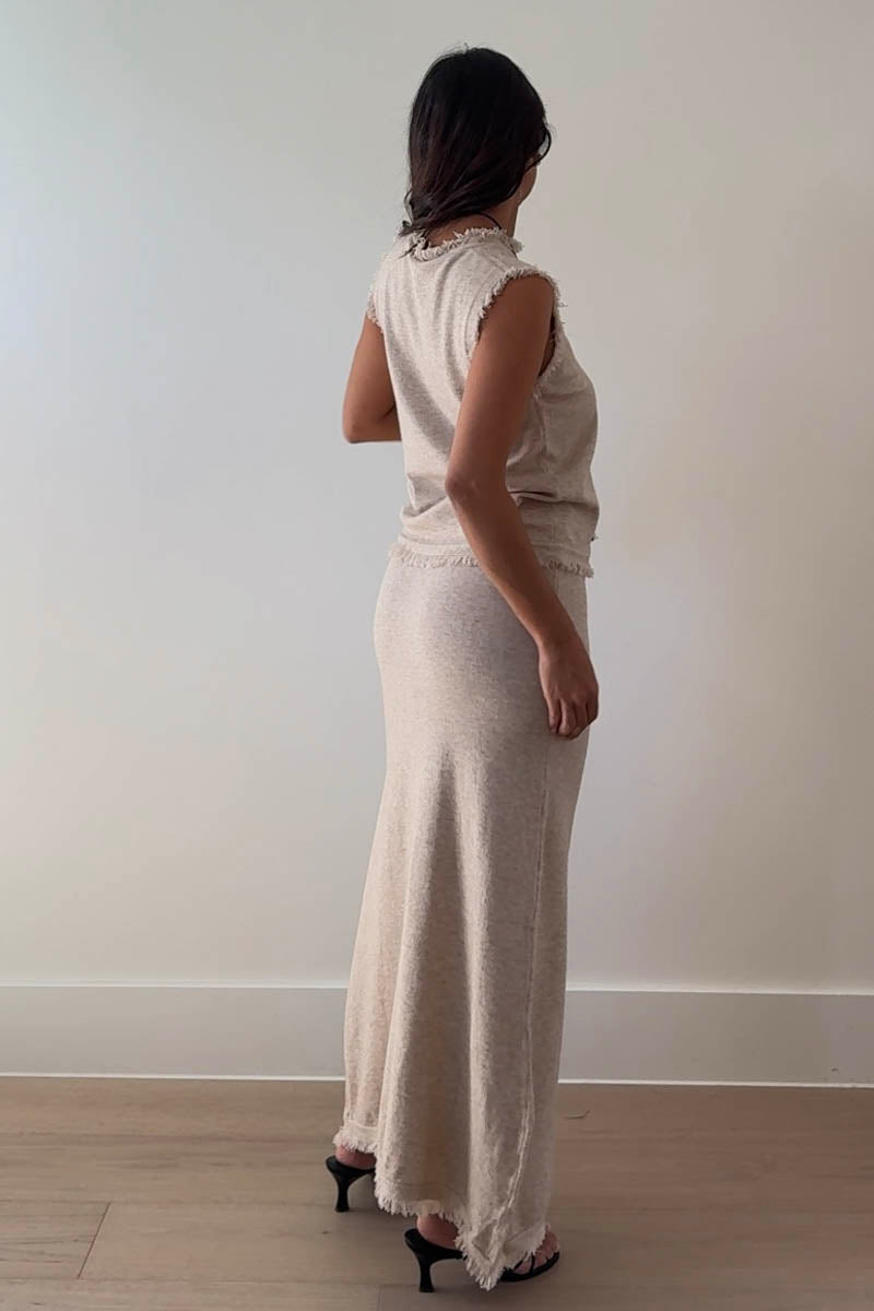 Knit Frayed Detail Top Maxi Skirt Set