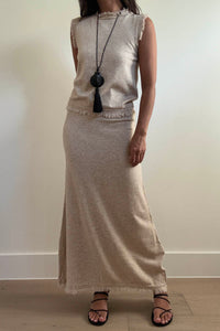 Knit Frayed Detail Top Maxi Skirt Set