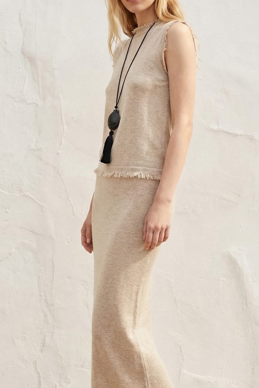 Knit Frayed Detail Top Maxi Skirt Set