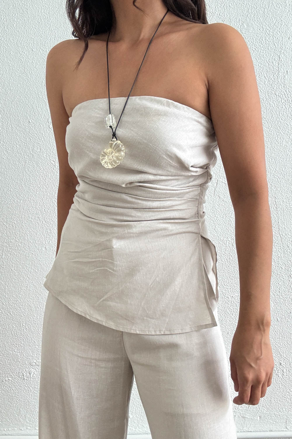 Strapless Gathered Top Wide Leg Set