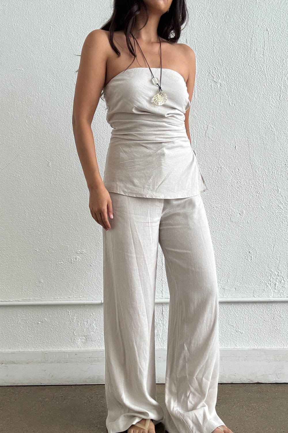 Strapless Gathered Top Wide Leg Set