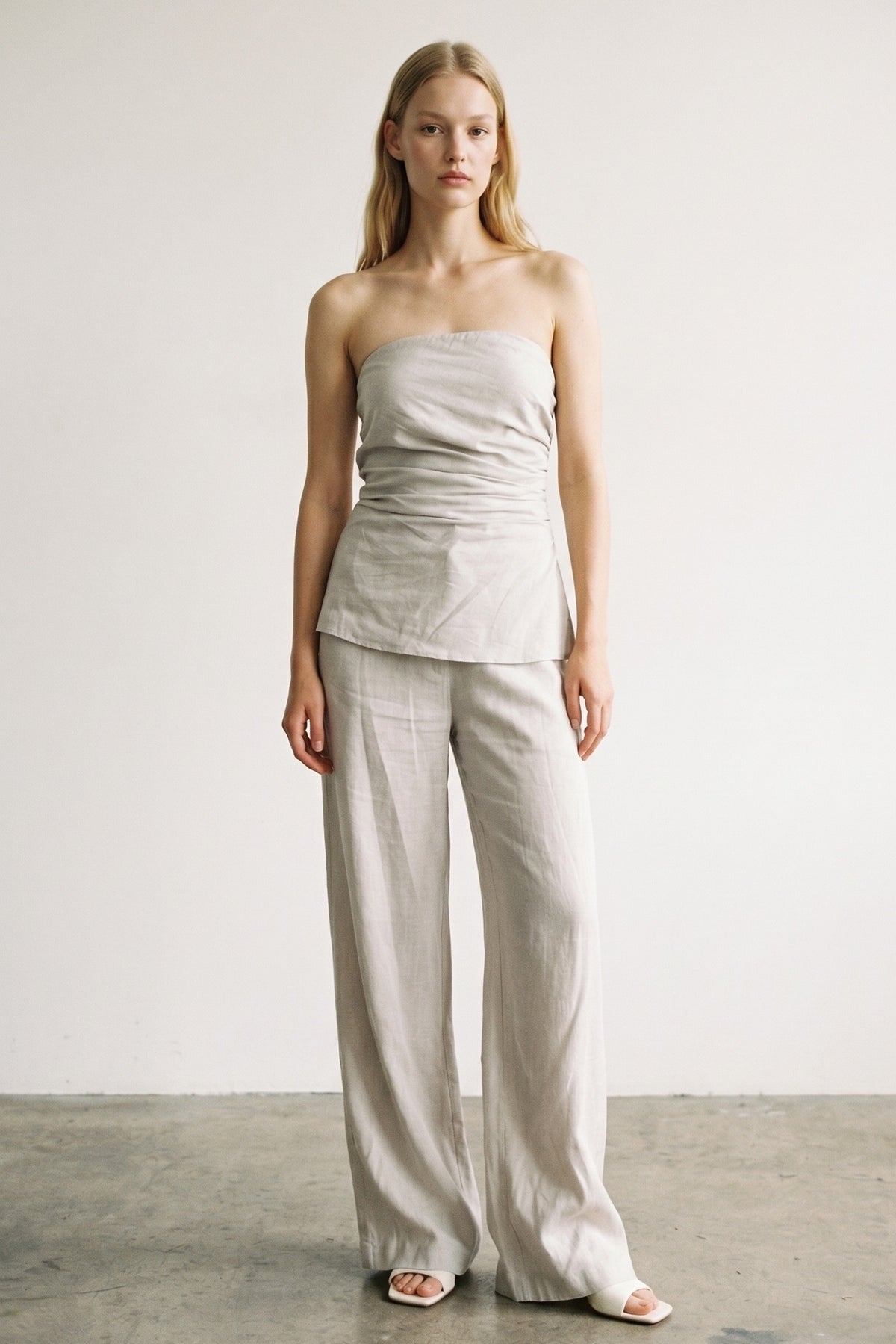 Strapless Gathered Top Wide Leg Set