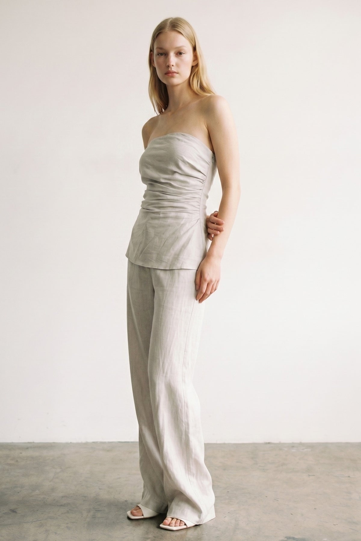 Strapless Gathered Top Wide Leg Set