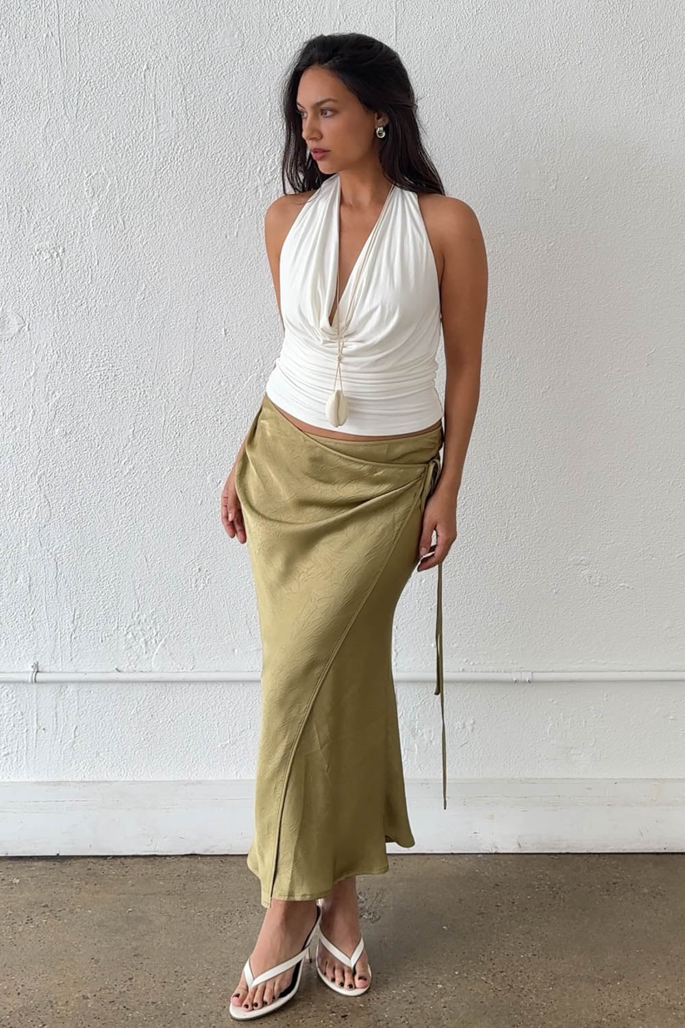 Satin Side Tie Midi Wrap Skirt