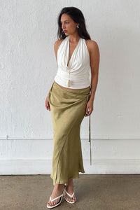 Satin Side Tie Midi Wrap Skirt